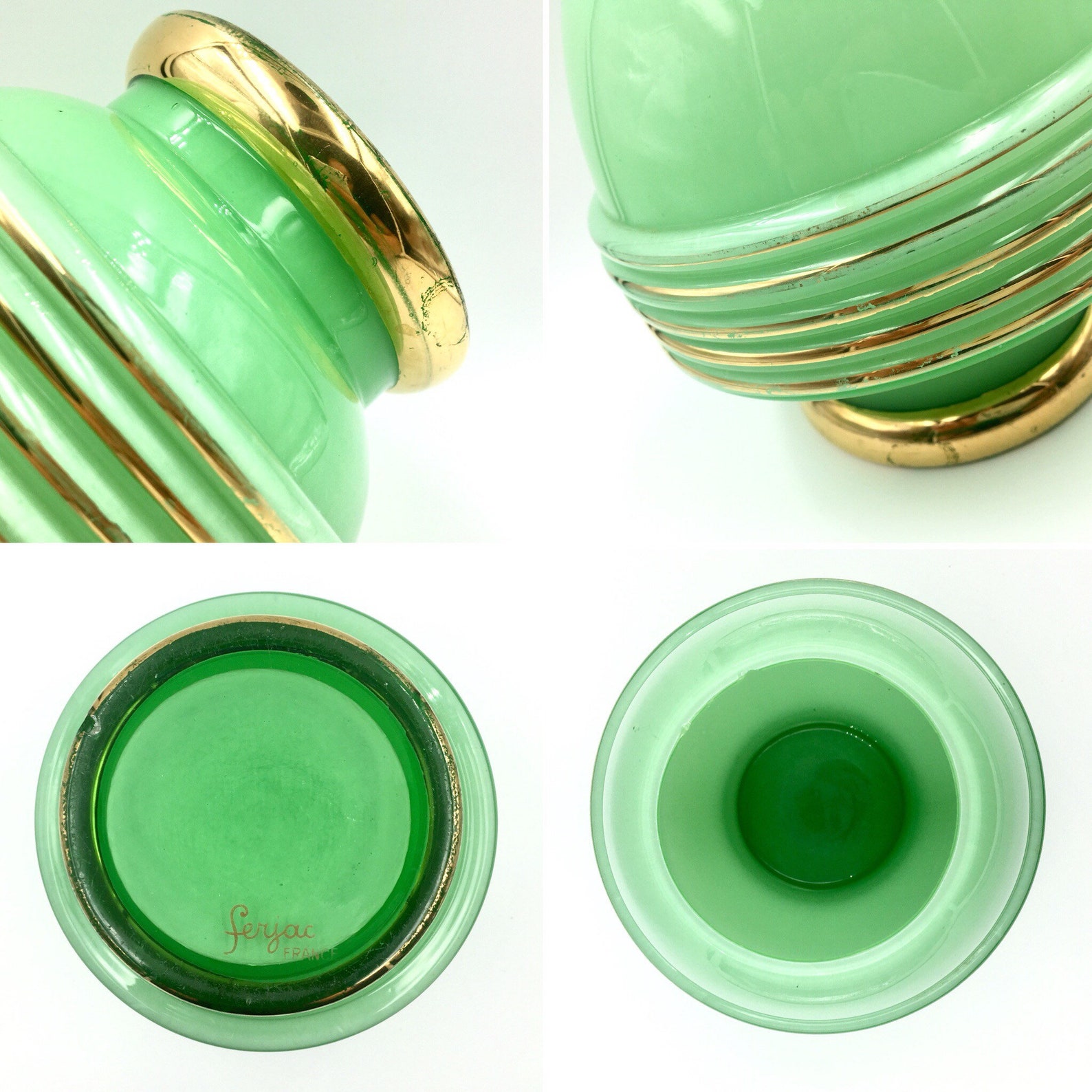 Green Glass Vase. Ferjac France Vase. Art Deco Vase. Gilded Etsy