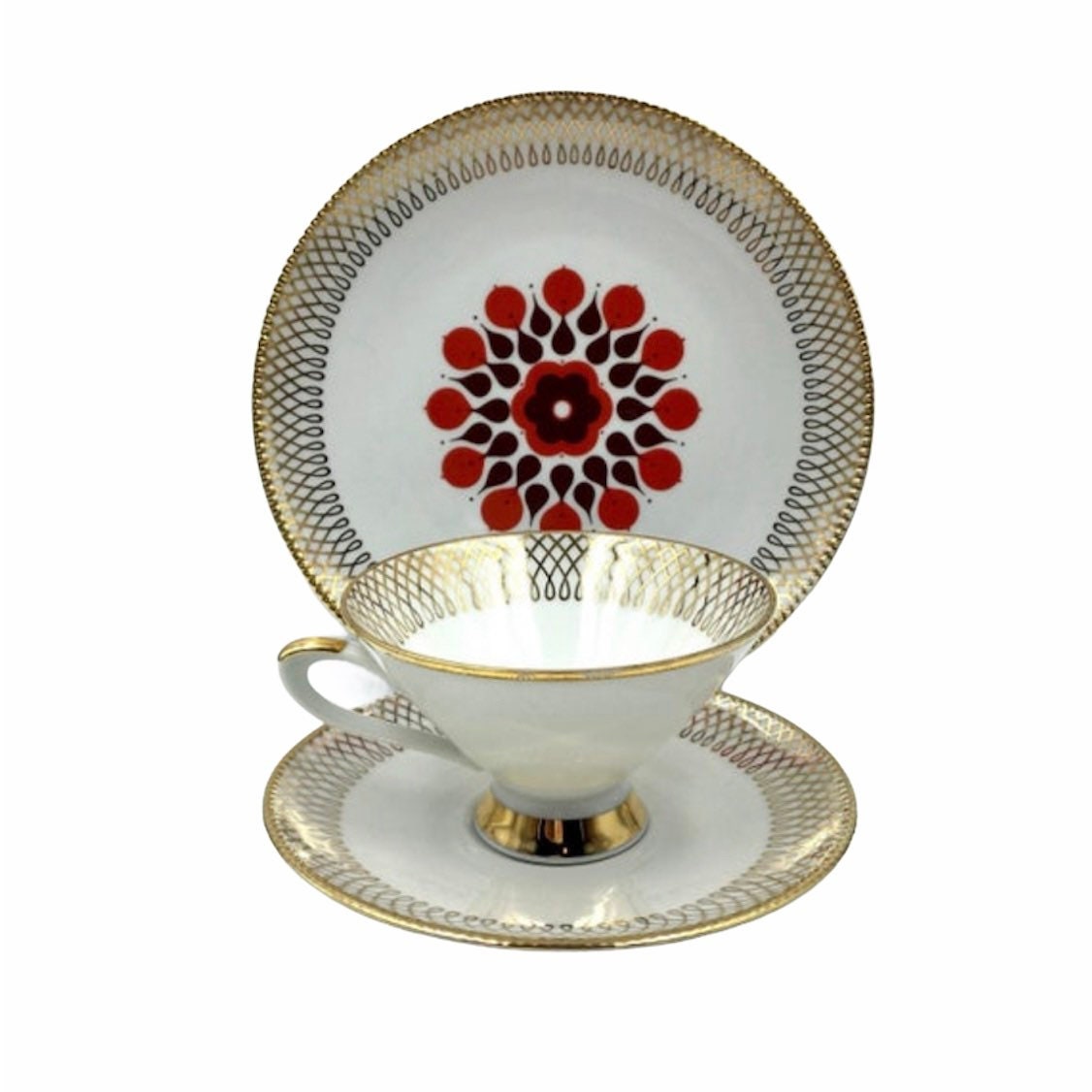 Ensemble Vintage de Tasse Thé Bavière. Ensemble Floral Rouge. Trio Thé. Tasse en Porcelaine et Souco