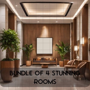Peut inclure: Image d'intérieur moderne avec des panneaux en bois, des plantes et des meubles. Le texte "BUNDLE OF 4 STUNNING ROOMS" est affiché en bas. La pièce comprend un canapé, des chaises et une table basse. L'éclairage est chaleureux.