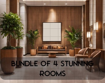 Puede incluir: Imagen de diseño de interiores moderno con paneles de madera, plantas y muebles. El texto "BUNDLE OF 4 STUNNING ROOMS" se muestra en la parte inferior. La habitación incluye un sofá, sillas y una mesa de centro.