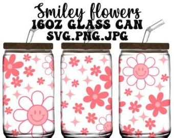 Smiley face flower 16oz Libbey Glass Cup png. Libbey Glass Svg. Happy smiley Libby Wrap. Beer Glass Can Wrap sublimation.  Spring Daisy svg.
