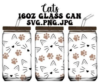 Cat mama 16oz Libbey Glass Cup png. Libbey Glass Svg. Pet mom Libby Wrap. Beer Glass Can Wrap sublimation.  Paw prints svg.