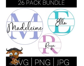 Op de afbeelding: Een bundel van 26 SVG-, PNG- en JPG-bestanden voor het maken van gepersonaliseerde monogramontwerpen. De ontwerpen bevatten een cirkel met een letter en een naam erin. De letters zijn in verschillende kleuren: blauw, turquoise en roze.