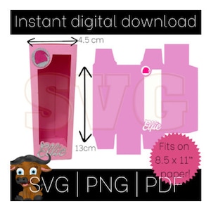 May include: Pink digital download template for a doll box, measuring 4.5 cm wide and 13 cm tall. The design features the name "Ellie" and the text "Fits on 8.5 x 11" paper!" The image also includes SVG, PNG, and PDF file formats.