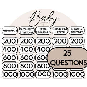 May include: A black and white printable baby jeopardy game board with 25 questions. The categories are Pregnancy, Pregnancy Symptoms, Fetal Development, Pregnancy Health, and Labor & Delivery. The point values are 200, 400, 600, 800, and 1000.