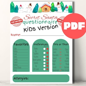Secret Santa questionnaire for kids. Children’s Christmas gift exchange signup form. Printable school present exchange survey