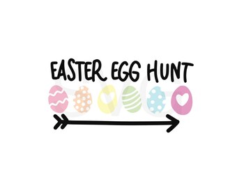 May include: A white background with the words "EASTER EGG HUNT" in black, above a black arrow pointing right. Below the text are six colorful Easter eggs in pink, orange, yellow, green, blue, and pink.