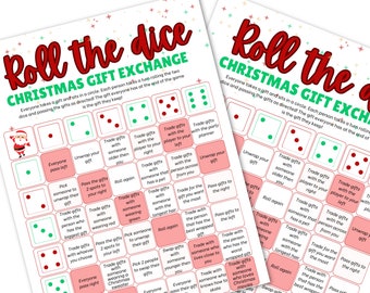 May include: A printable Christmas game board with red and green dice and instructions for a gift exchange game. The game board has a red and green color scheme with a festive Christmas theme.