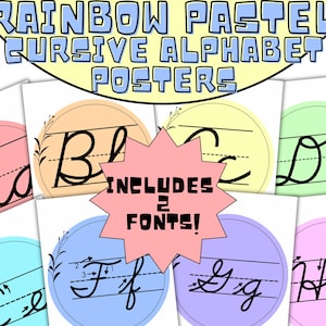 Regenbogen Klassenzimmer Dekor | Pastell Schreibschrift Poster | Edukative Wandkunst | Hausschule Dekor | Druckbares ABC | Montessori Dekor