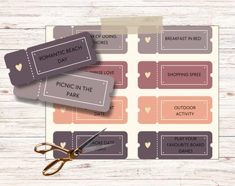 May include: A sheet of romantic coupon tickets in shades of purple, pink, and peach, with gold scissors. The tickets have phrases like "Romantic Beach Day" and "Picnic in the Park". A heart design is on each ticket.