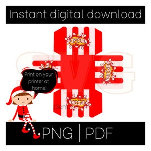 May include: Printable template for a popcorn box. The box is red and white with a popcorn design and the text "POPCORN". The template is 13 cm wide and includes instructions to print at home.