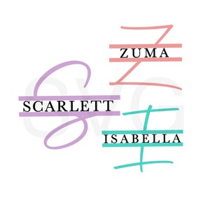 May include: A digital graphic design featuring the names "Scarlett", "Zuma", and "Isabella" in a handwritten style. The names are in different colours: purple, pink, and teal, with horizontal lines above and below each name.