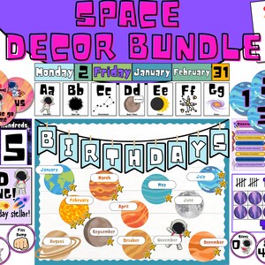 宇宙をテーマにした教室の装飾バンドル。宇宙銀河の小学校教室の装飾バンドル。宇宙銀河教師クラスのポスター。