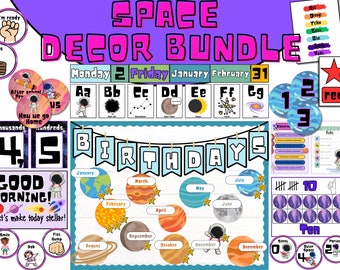 Space themed classroom decor bundle. outer space galaxy elementary classroom decorations bundle. Cosmic Galaxy Teacher Class posters.
