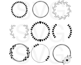 Könnte beinhalten: Satz von neun schwarzen und weißen Kranzrahmen mit verschiedenen Designs, darunter Herzen, Blätter und eine Blume. Diese Rahmen sind perfekt, um Ihren Designs einen Hauch von Eleganz zu verleihen.