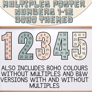 May include: A framed poster with the words "MULTIPLES POSTER NUMBERS 1-12 BOHO THEMED" at the top. The poster displays the numbers 1 through 5, each with its multiples listed inside. The text "ALSO INCLUDES BOHO COLOURS WITHOUT MULTIPLES AND B&W VERSIONS WITH AND WITHOUT MULTIPLES" is at the bottom.