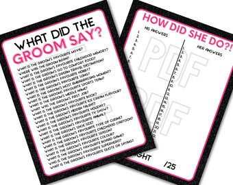 Bachelorette Questionnaire. Bachelorette party games printable. Stagette printable survey game. Hen party game. Girls night Trivia