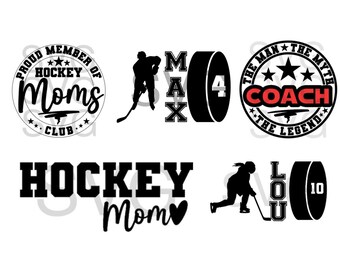 May include: Black and white graphic designs featuring hockey-themed text and imagery. The designs include "Proud Member of Hockey Moms Club", "Max 4", "The Man The Myth The Legend Coach", "Hockey Mom", and "Lou 10".