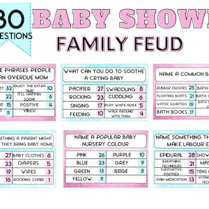 Baby shower family feud. Baby family feud. Baby shower feud. Baby shower party game. Baby sprinkle game. Baby game. Baby shower trivia