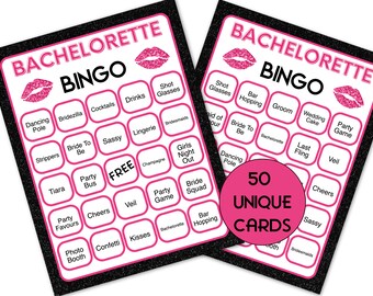 May include: Two Bachelorette Bingo cards with a black glitter border and pink accents. The cards feature the text "Bachelorette Bingo" and various themed words like "Shot Glasses" and "Dancing Pole". A pink circle reads "50 Unique Cards".