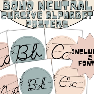 Lot d'affiches alphabet cursif neutre bohème | 2 polices de caractères | Art mural éducatif | Décoration d'école à la maison | Affiches ABC imprimables | Décoration Montessori