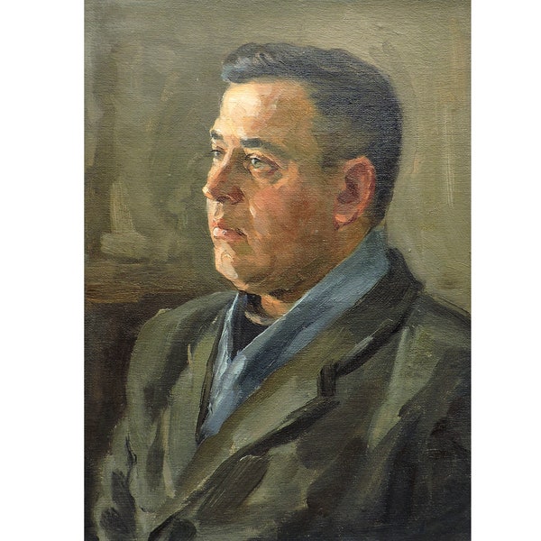 ANTIQUE PORTRAIT of a MAN Oil Original Painting by Ukraine artist V.Chernyuk, 1950s, Man portrait painting, Male portrait wall art work