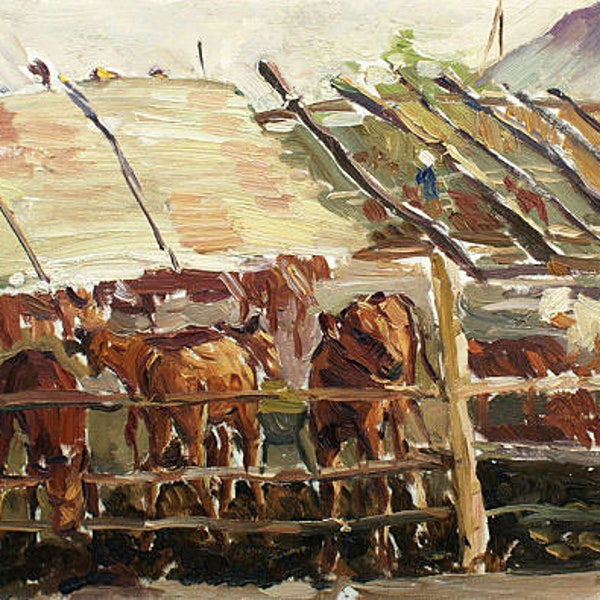 Sale 30%! VINTAGE ORIGINAL OIL Painting by Soviet artist A.Zakharov 1971 At the farm, Rural Landscape,Countryside view, Animals,Caws Calves