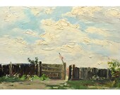 Vintage OIL ORIGINAL PAINTING by Ukraine artist L.Zhuravleva, Impressionist landscape painting, Skyscape, Antique unique original art work