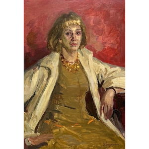 Antyczny oryginalny obraz olejny ukraińskiego artysty N. Zaruby z 1969 r., Portret ścienny, Malarstwo portretowe, Portret kobiety, Portret kobiecy
