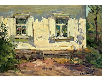Dipinto a olio vintage originale di Shkurko, raffigurante una casa rustica in stile cottage, un'opera d'arte murale in stile fattoria, un paesaggio impressionista di un villaggio, un'antica decorazione per la casa di campagna.