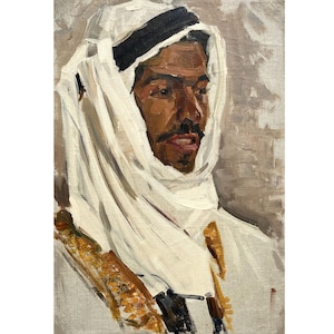 Mid century original oil painting on canvas Arab Male Portrait by Ukraine artist V.Pirogov 1950s, Wall art, Portrait of a man, Male painting