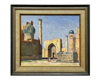 Cuadro original antiguo enmarcado: Paisaje de la ciudad vieja del artista ucraniano Belyak, Uzbekistán, Samarcanda, Arquitectura, Paisaje urbano oriental, Mezquita