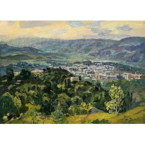 Pintura al óleo original vintage Paisaje de montaña de verano del artista ucraniano O. Solodovnikov, década de 1980, Pueblo en las montañas, Pintura de paisaje