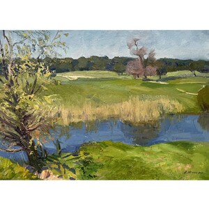 Vintage original oil painting Riverscape by Ukraine artist by A.Zhezher, 1980s, Wall art, Sunny, Nature, Trees on riverbank, River landscape