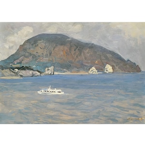 Vintage original oil painting Sea landscape by Ukrainian artist N.Abutkova, 1984, Coastal landscape, Mountains, Seashore, Seascape painting