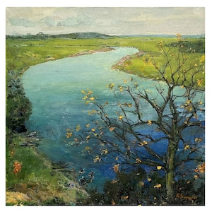 Vintage original oil painting on canvas River landscape by Ukrainian artist K.Zaruba, 1960s, Wall art, Trees on the river bank, Riverscape