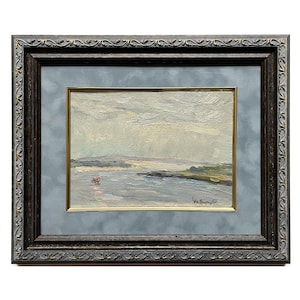 Framed antique original oil painting Mid century river landscape by Ukraine artist N.Zaruba, 1950s, Riverscape, Boat, River bank, Waterscape