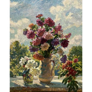 Pintura al óleo original vintage Bodegón con flores del artista ucraniano O. Solodovnikov, 1982, Verano, Obra de arte mural floral, Ásteres en un jarrón