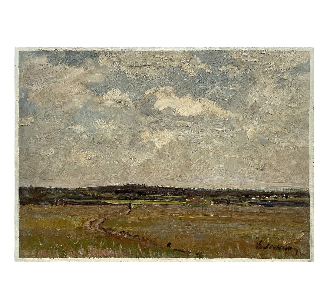 Mid Century Original Oil Painting Field Landscape by Ukrainian Artist V ...