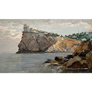 Antique original oil painting Seascape by Ukraine artist S.Kyrychenko, 1960s, Sea landscape, Rocky shore, Seashore, Seafront, Castle on Rock