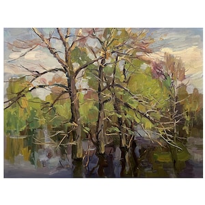 Antique original oil painting by Ukrainian artist M.Borymchuk, 1950s, Spring flood landscape, Trees in the water, Mid century wall art work