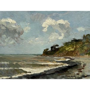 Antikes original Ölgemälde Seelandschaft vom Ukraine Künstler K.Zaruba, 1960er Jahre, Wandkunst, Meerlandschaft, Küste, Meer, Meeresküste, Wellen, Strand
