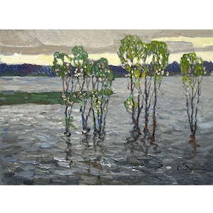 Vintage original oil painting Sunset river landscape by Ukrainian artist O.Bednoshey, 1990s, Evening over river, Spring flood, Trees, Nature