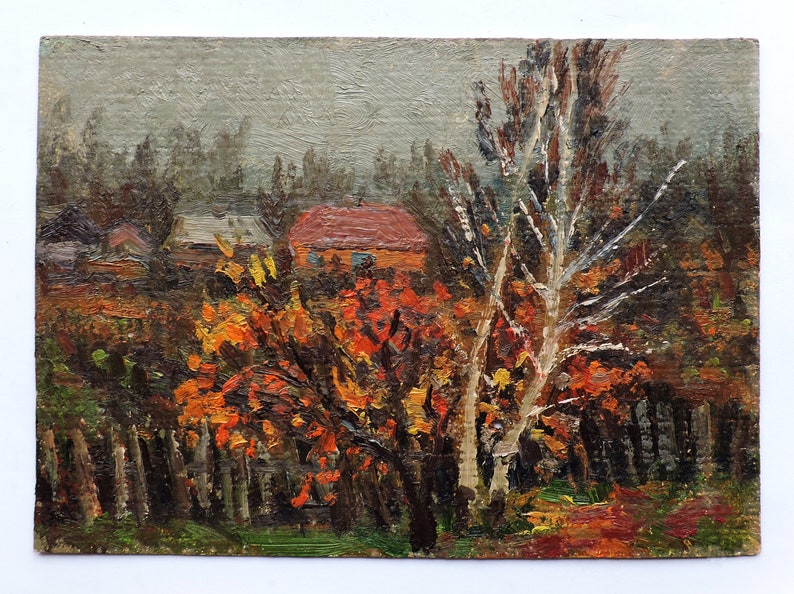 Country painting 1960s Impressionist art Farmhouse AUTUMN RURAL LANDSCAPE Vintage Oil Original Painting by Soviet artist V.Vlasov Trees