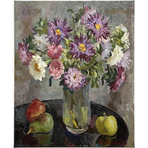 Vintage original oil painting on canvas Still life with flowers and fruits by Ukrainian artist O.Olkhov, 1982, Wall art, Asters in a vase