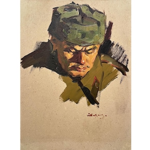 Pintura al óleo original vintage del artista ucraniano O. Nazarenko, década de 1970, Retrato de un militar, Pintura de retrato, Retrato masculino, Arte mural