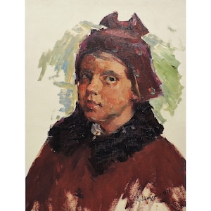 Antique original oil painting Portrait of a girl by Ukrainian artist A.Shkurko 1956, Child portrait, Mid century wall art, Portrait painting