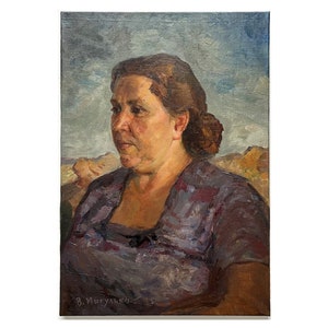 Antique original painting on canvas by Ukraine artist V.Migulko 1960s, Portrait of the artist&#39;s mother, Portrait of a woman, Female portrait
