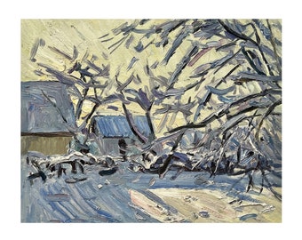 Antique original oil painting Winter village landscape by Ukraine artist M.Borymchuk, 1965, Rural landscape, Old farmhouse, Trees under snow