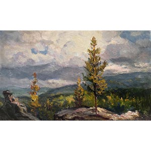 Vintage original oil painting Mountain landscape by Ukraine artist by A.Zhezher 1970s, Trees, Sunset painting, Clouds, Sky landscape, Nature